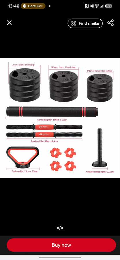 GrindActive™ 3-in-1 Adjustable Dumbbell Set – 20kg | Dumbbells, Barbell & Kettlebell in One